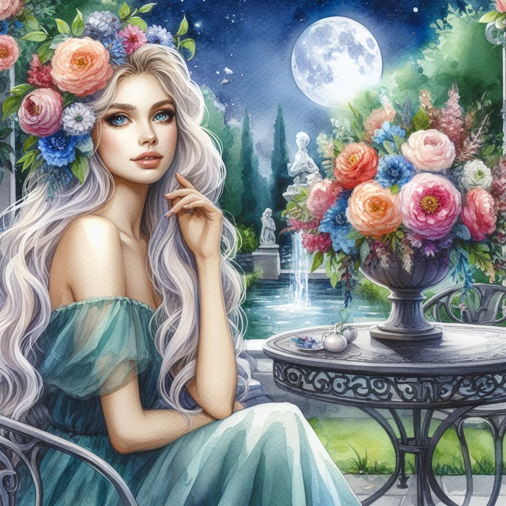 Beautiful Woman in Garden at Night