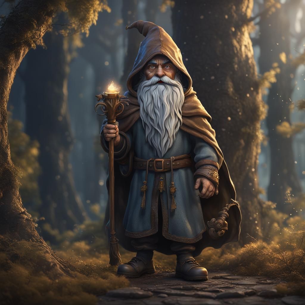 Gnome shadow wizard, gray hooded cloak, hazel eyes, brown ha...