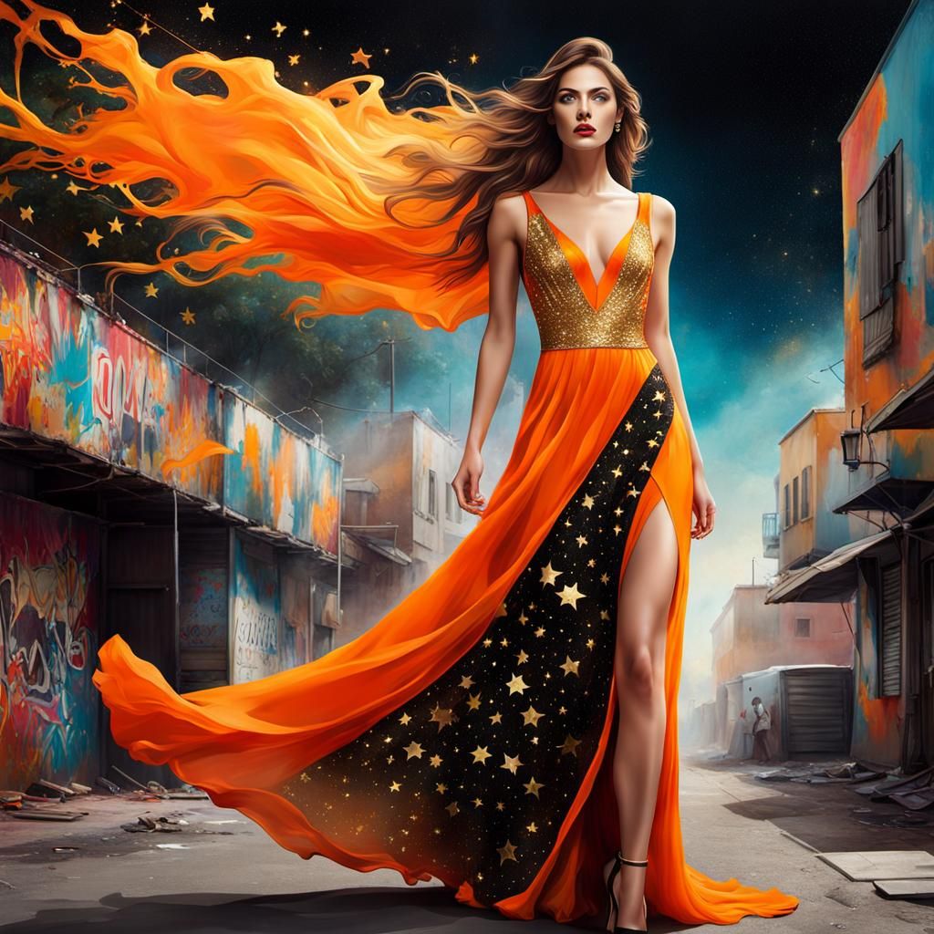Gorgeous model wearing stars orange dress