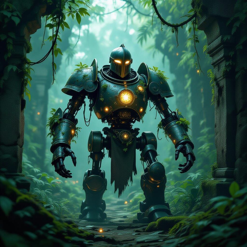 An ancient, moss-covered knight automaton, powered by arcane gears and glowing crystals, patrols a forgotten jungle ruin. Vines twist around...