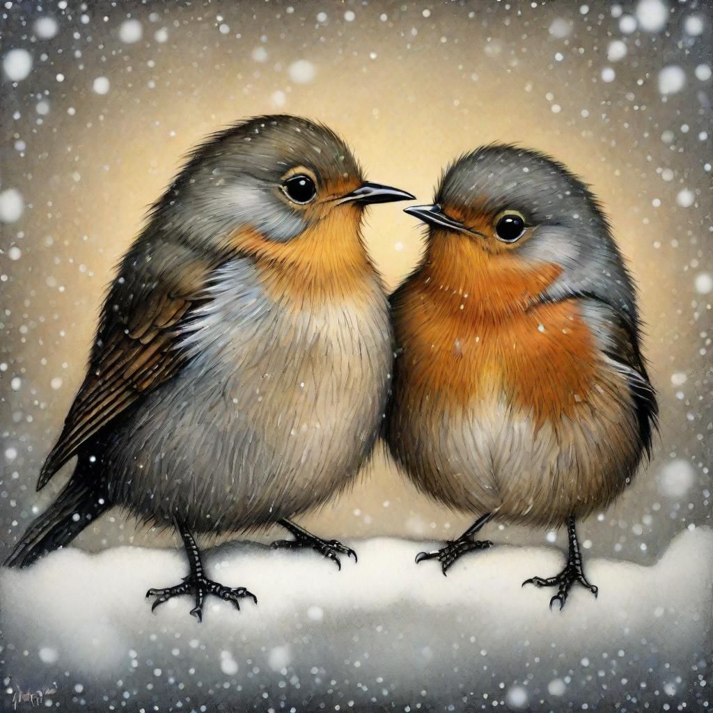 "two cute  robin Birds in winter