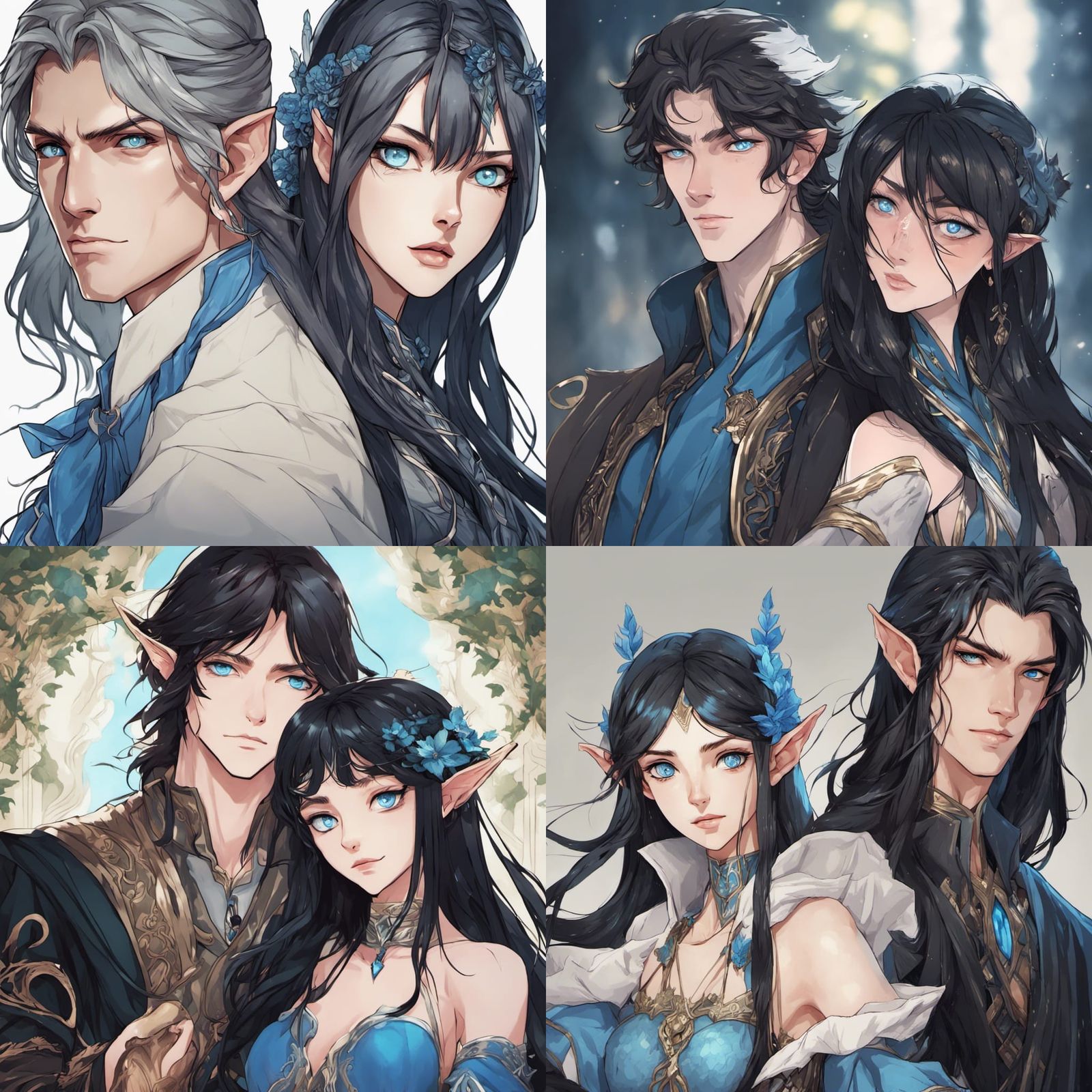 couple: elf woman with long black hair and blue eyes, man wi...