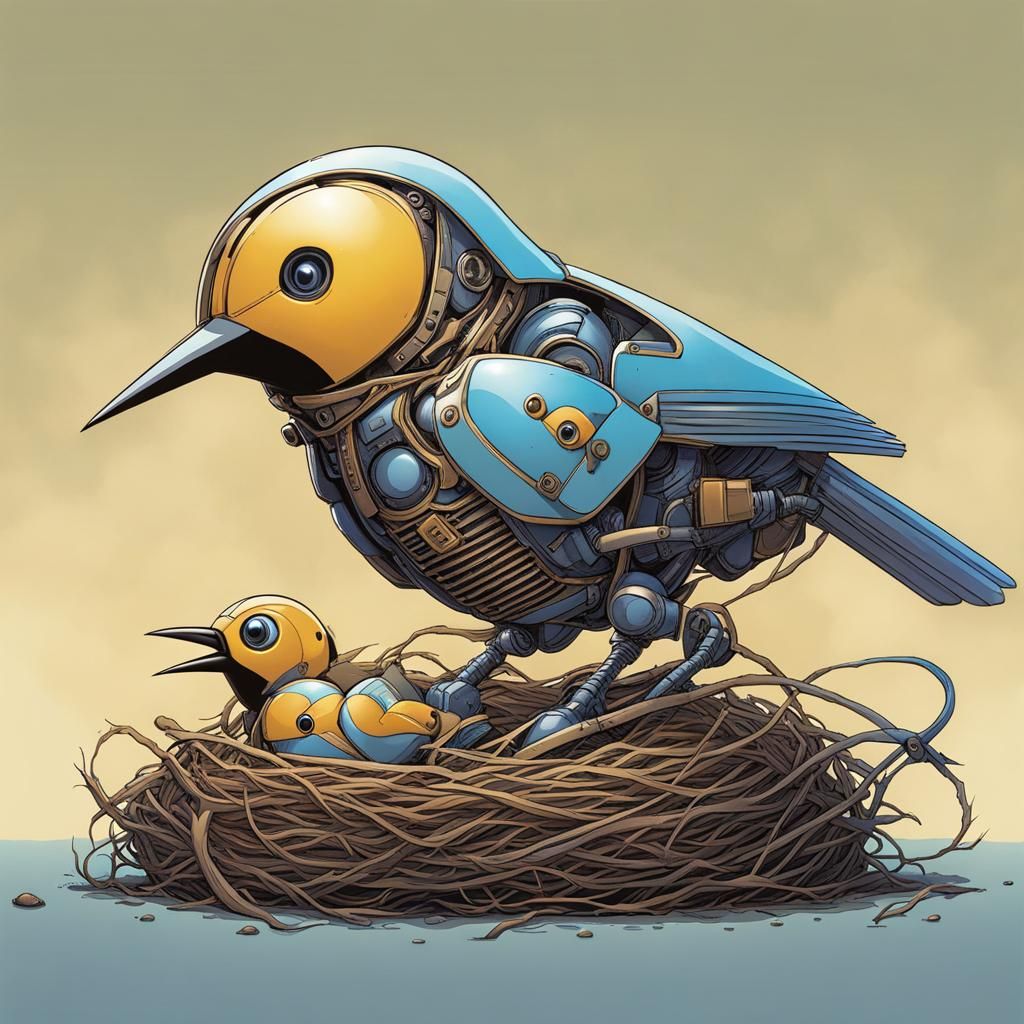 Minimalistic cute hitech sleek robot bird in nest feeding its cute baby ...