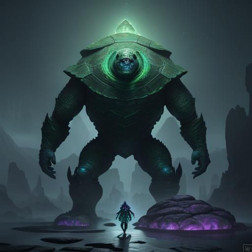 golem tortue géante en pierre sur une planète de crystal