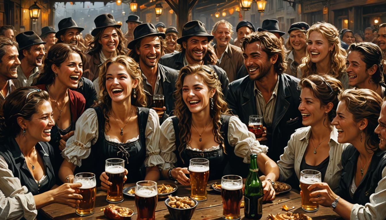 October-fest, a table of German women and men laughing drinking beer, head and shoulders portrait by ...  by @kamy