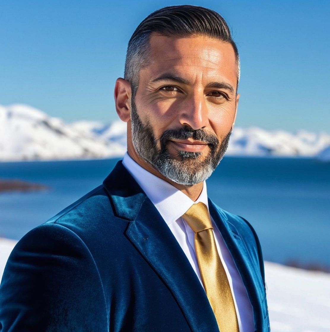 A handsome bearded man wearing a blue velvet suit