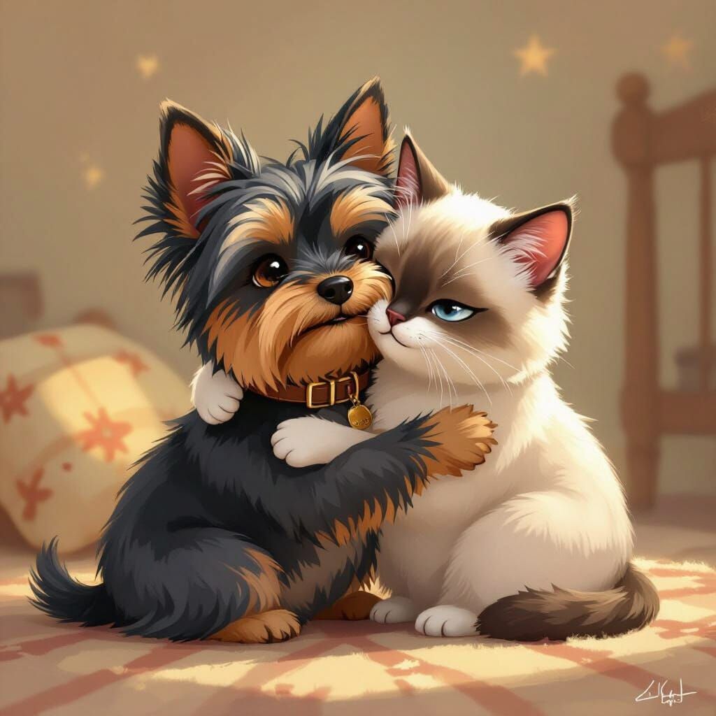 Yorkie and Siamese Cat Embrace, Beatrix Potter Style