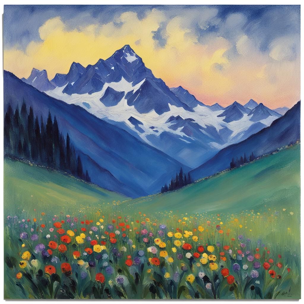 a flowering mountain meadow in front of snow-capped mountain...