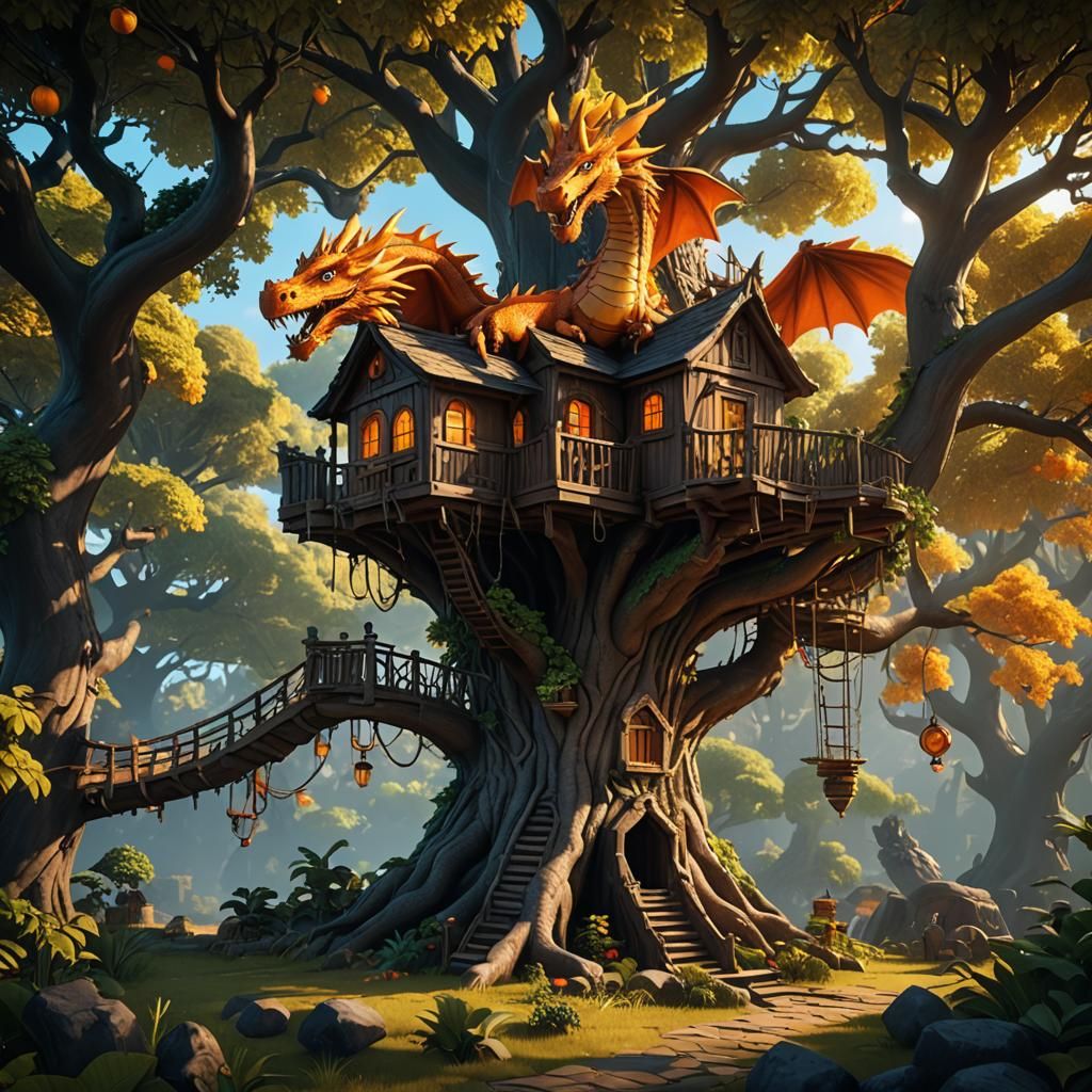 Treehouse with large orange dragon