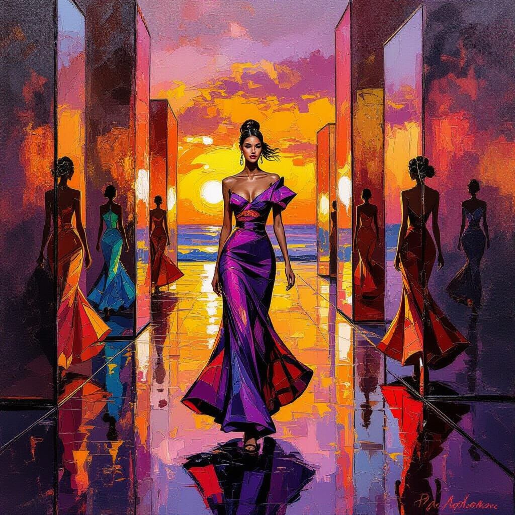 "A fashion show in a hall of mirrors, reflecting the colors of the sunset. The mirrors in the hall capture ...  by @Observer1