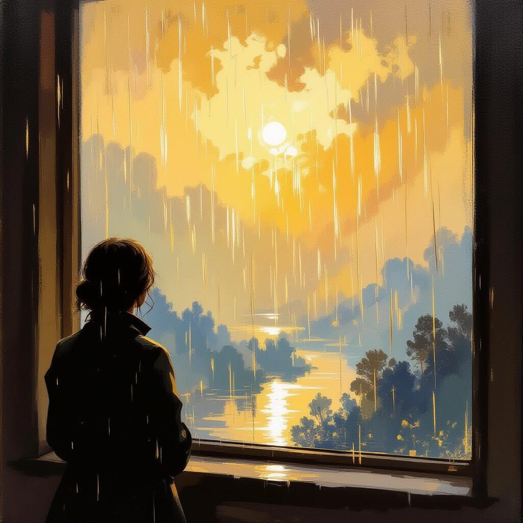 Golden Rain Falling by Window, Serene Contemplation