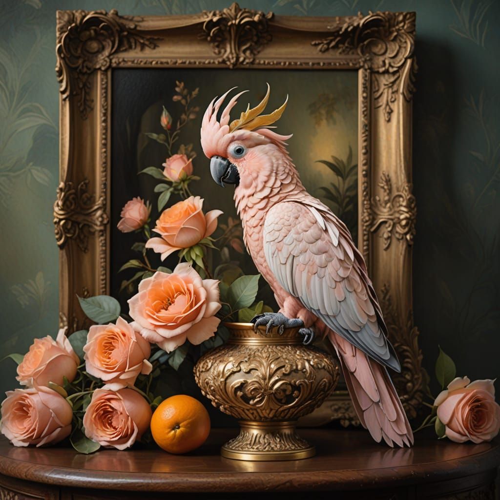 Elegant Pink Cockatoo on Antique Vase in Soft Pastel Hues