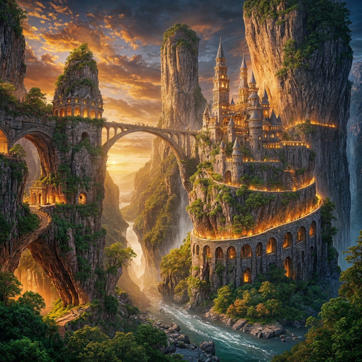 Majestic Fortress on Cliffside Bridge at Sunset