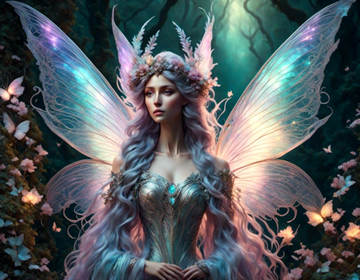 <lora:Glowy painting:1.0> <lora:Wispy Hair:1.0> <lora:Cosmic Whimsy:1.0> Impossibly beautiful fairy with glowing wings and Smokey wispy hair...