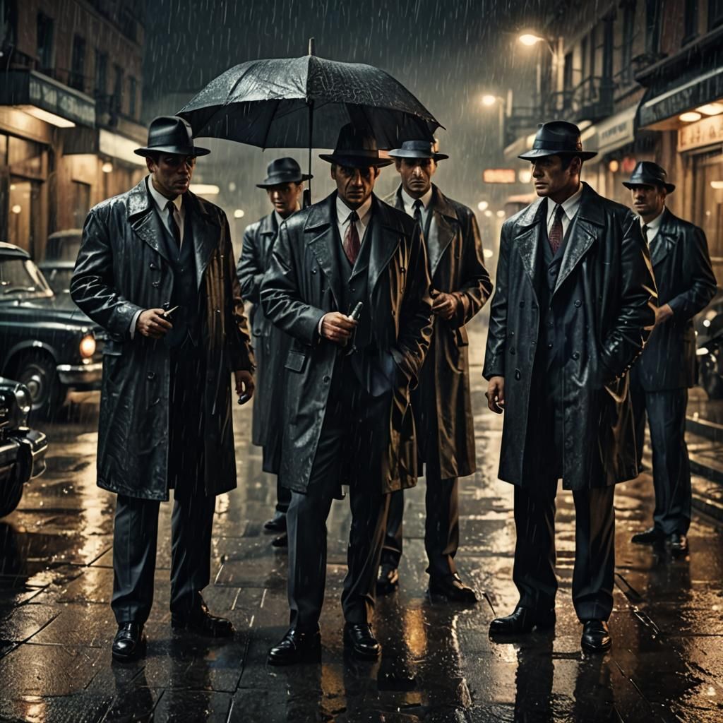awesome mafia gang meeting each other at night under the rai...