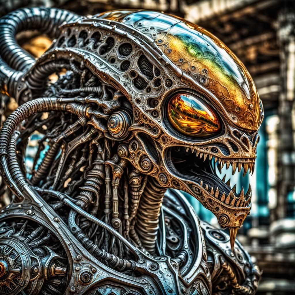 strange alien life form eating metal  , on an alien planescape, sunshine, highly detailed, polished metal ...  by @Charlie Watson AKA Chuckcrunch