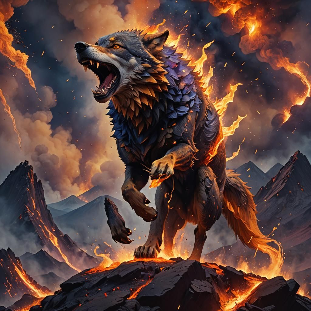 Fiery Wolf Emerges from Volcanic Eruption