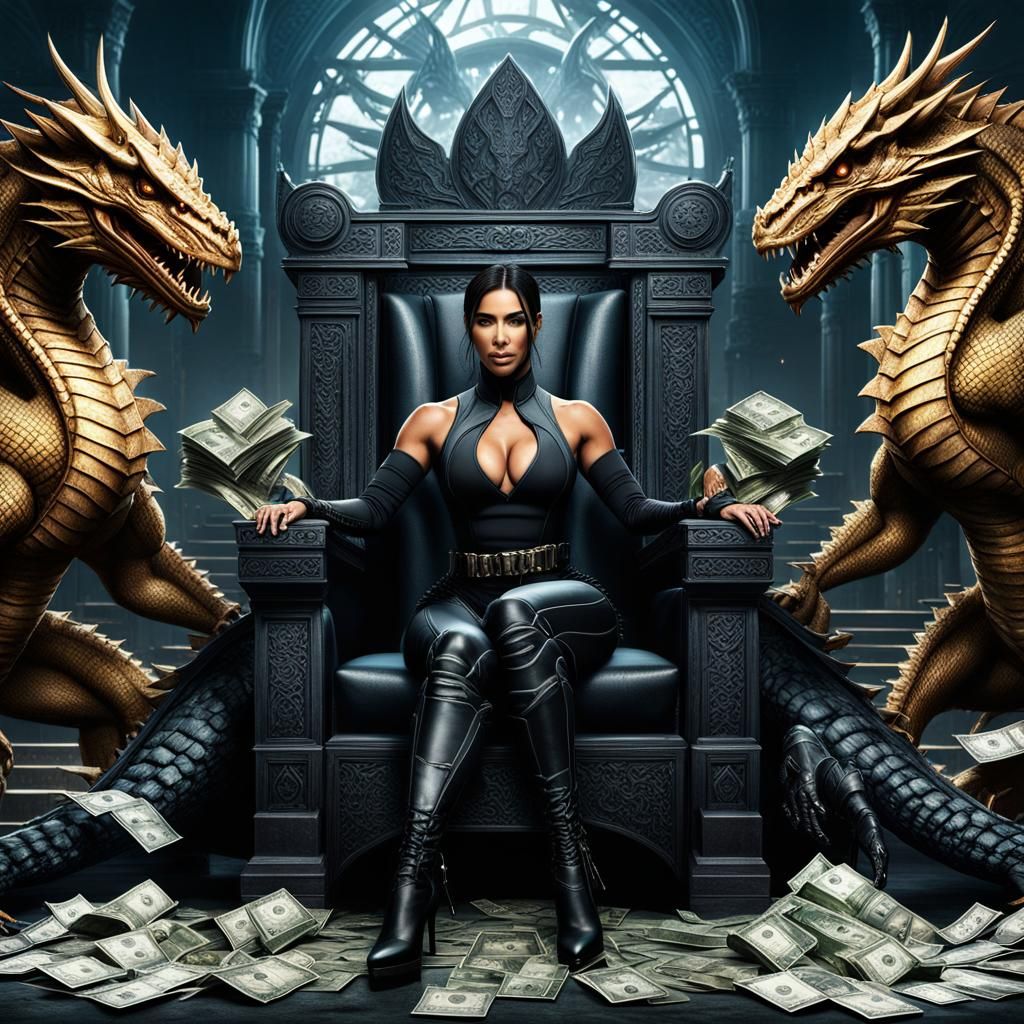 Kim Kardashian as Cassie Cage from Mortal Kombat sitting on a throne  surrounded by money pet dragons - AI Generated Artwork - NightCafe Creator