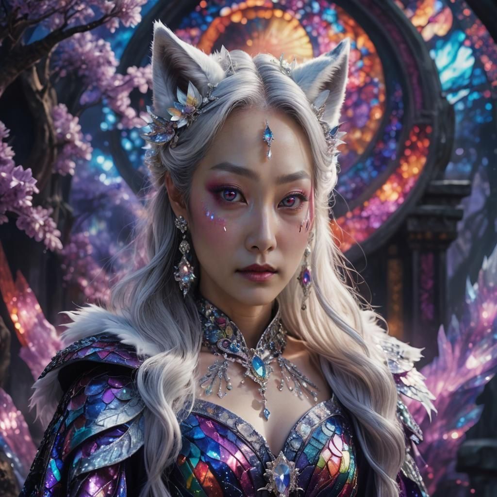 korean lady silver hair rainbow dress rainbow crystals white...