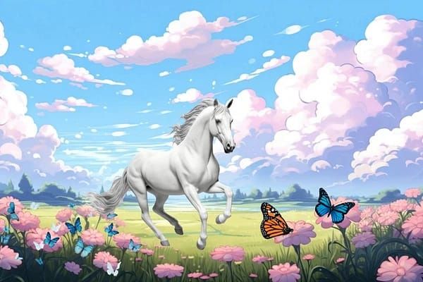 A Majestic horse and butterflies and flowers