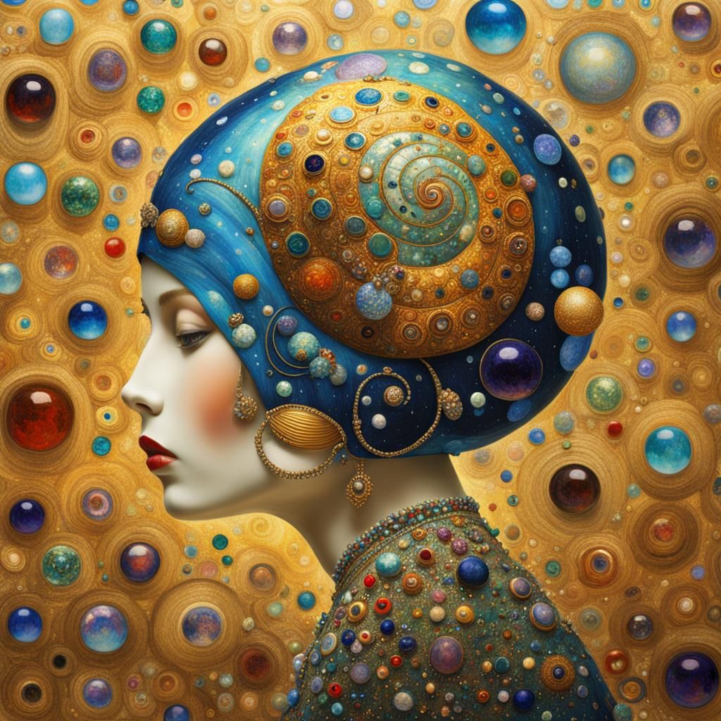 bejeweled galactic oasis, Gustav Klimt art, Beautiful Snails wearing wigs  by @mansai