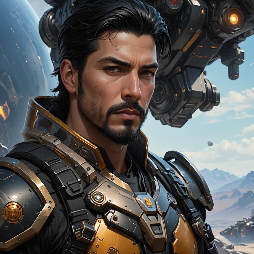 High sci-fi attractive Male space mercenary, slick Black Hair, goatee ...