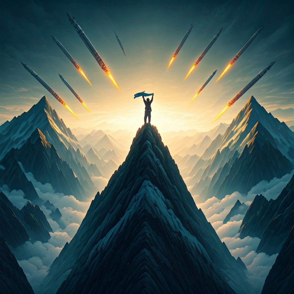 Figure Defends Against Missiles atop Mountain in Golden Dawn...