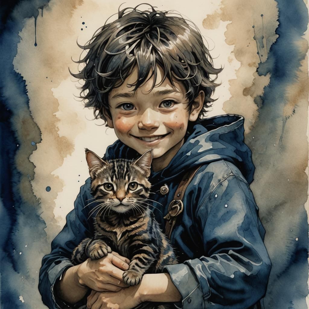 a boy and his tabby friend.  by @Terra