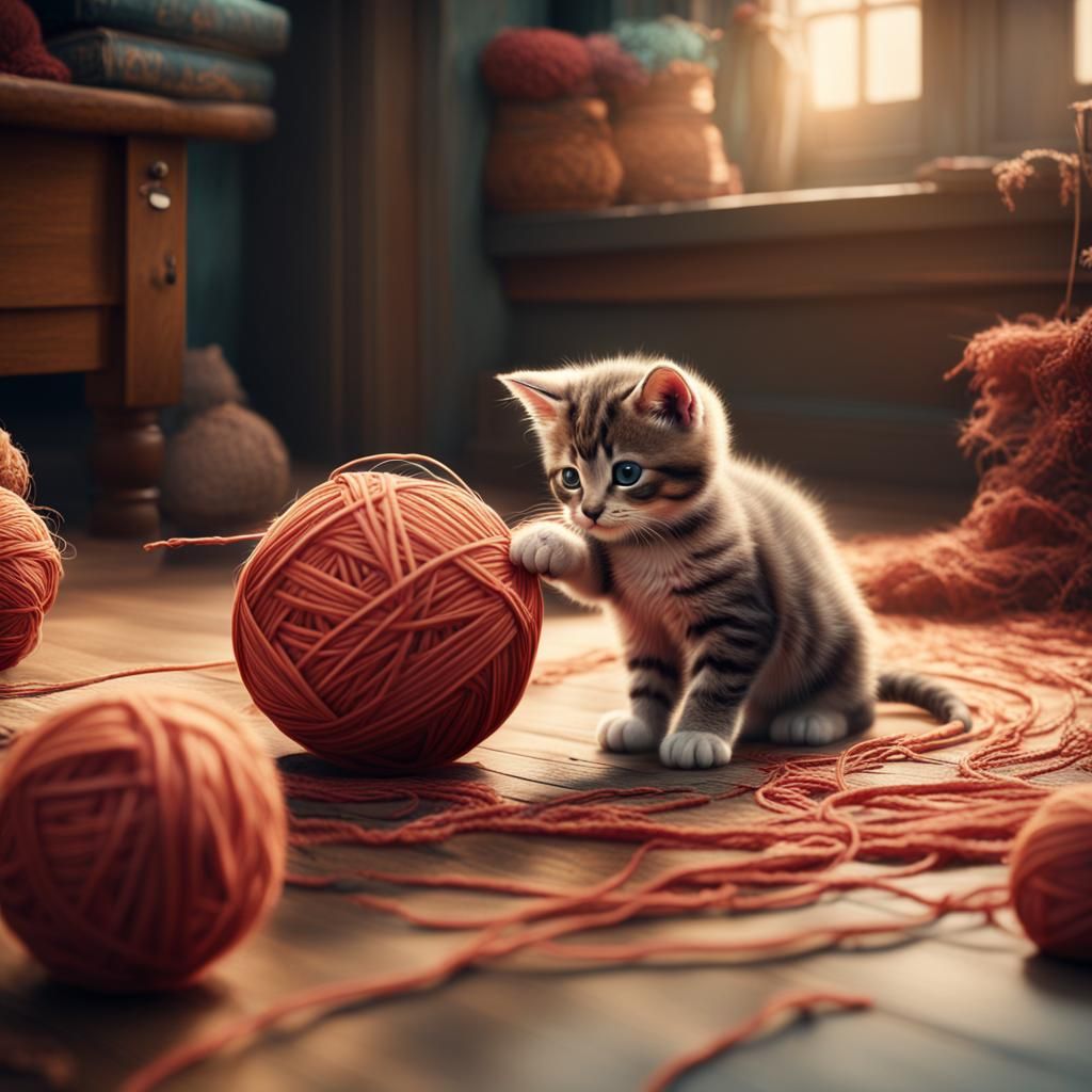 Kitten playing with a ball of yarn