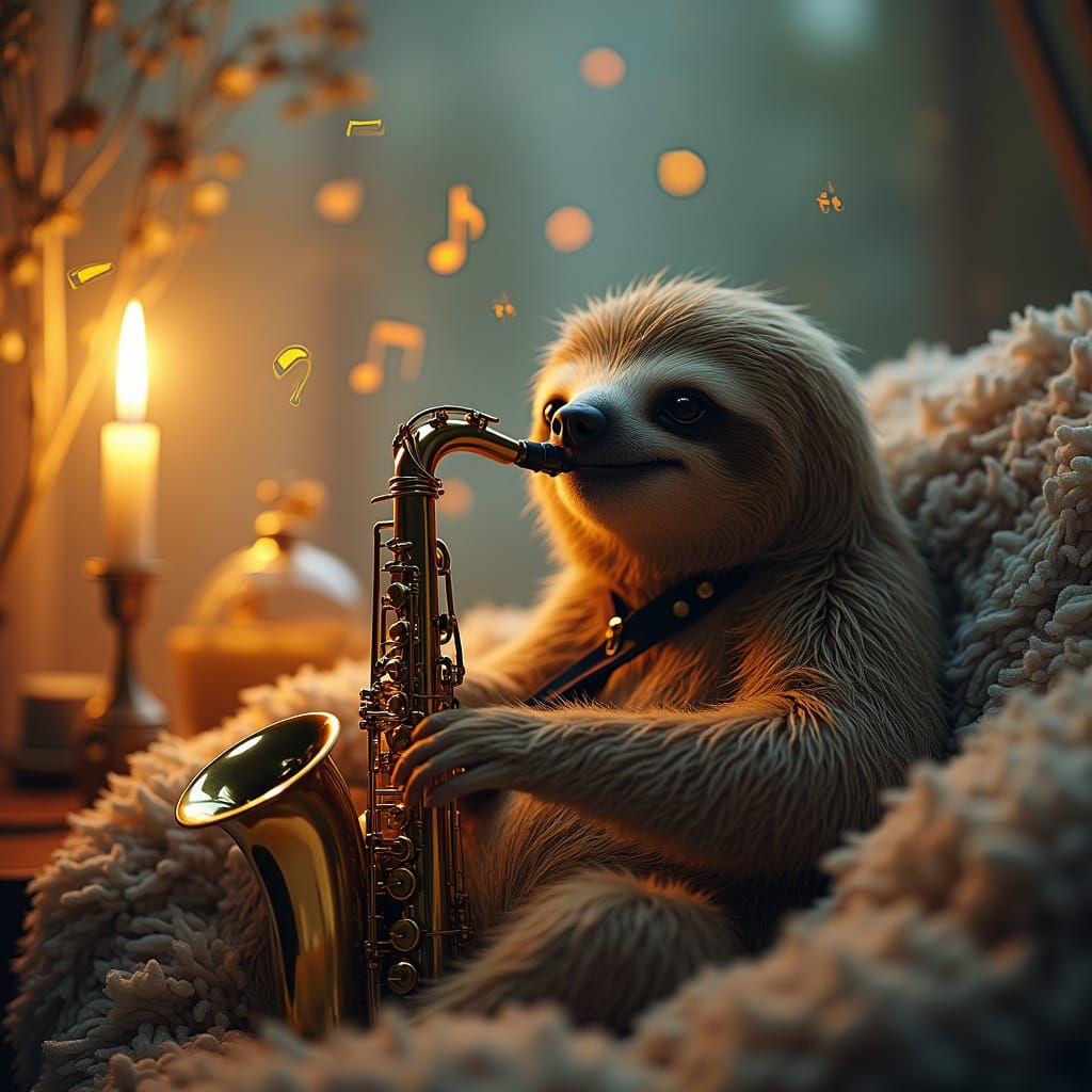 Sloth playing saxophone with musical notes floating around it. Candle light creates relaxing ambiance. ...  by @Dr_Strange