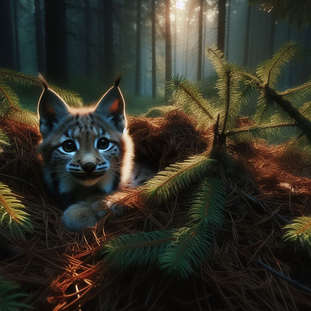 Playful lynx kitten amongst pine needles in an enchanted dark forest in eastern Poland