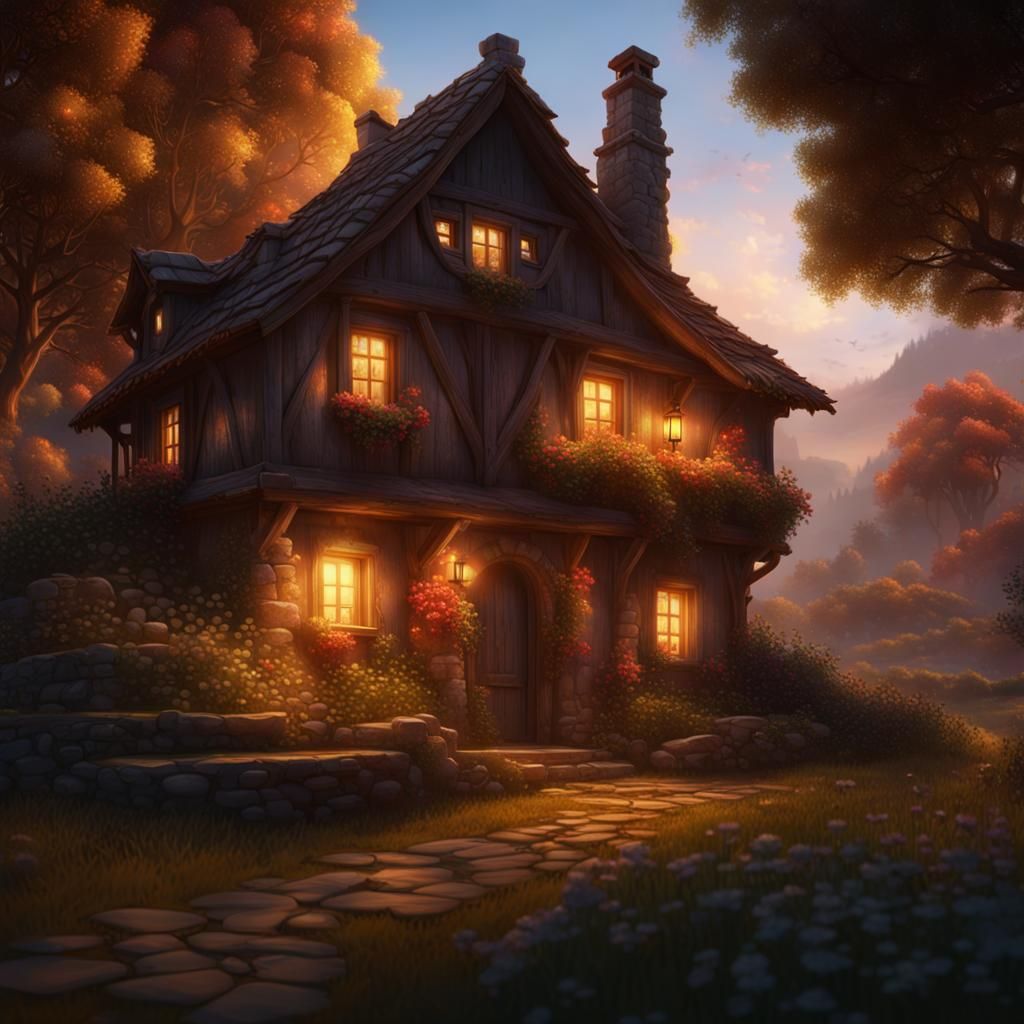 digital artwork depicting a cozy cottage nestled among a pic...