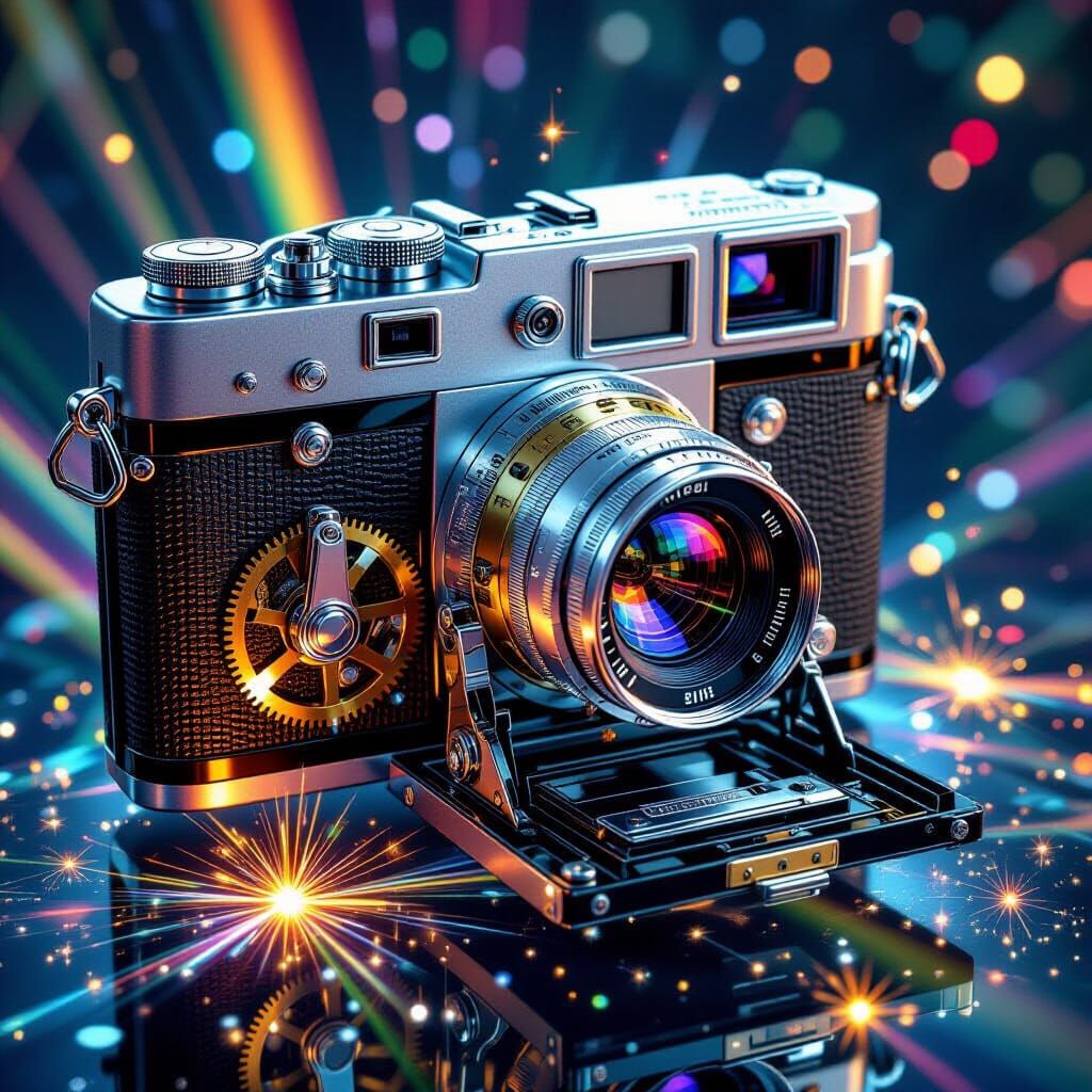 A vintage camera's internal mechanism, hyper-detailed cutaway view, revealing intricate brass gears, ...  by @Karina 