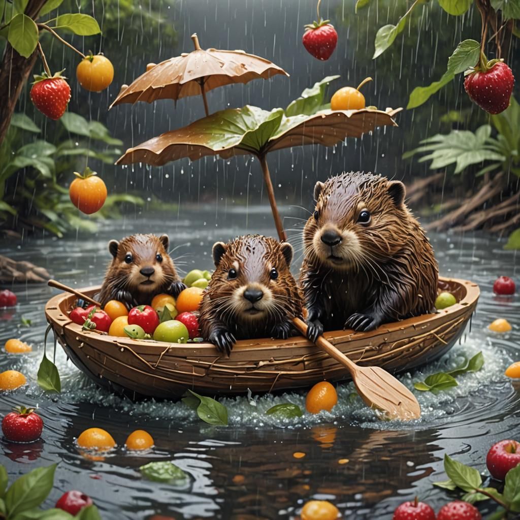 Adorable Baby beavers on the boat,Rainning day  by @Rosemary
