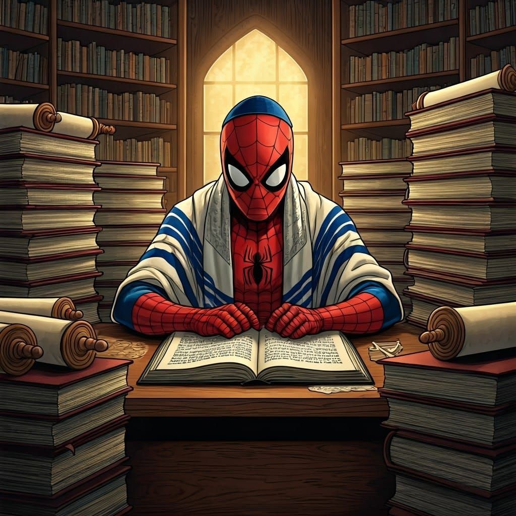 Spiderman Studies Torah in a Medieval Library