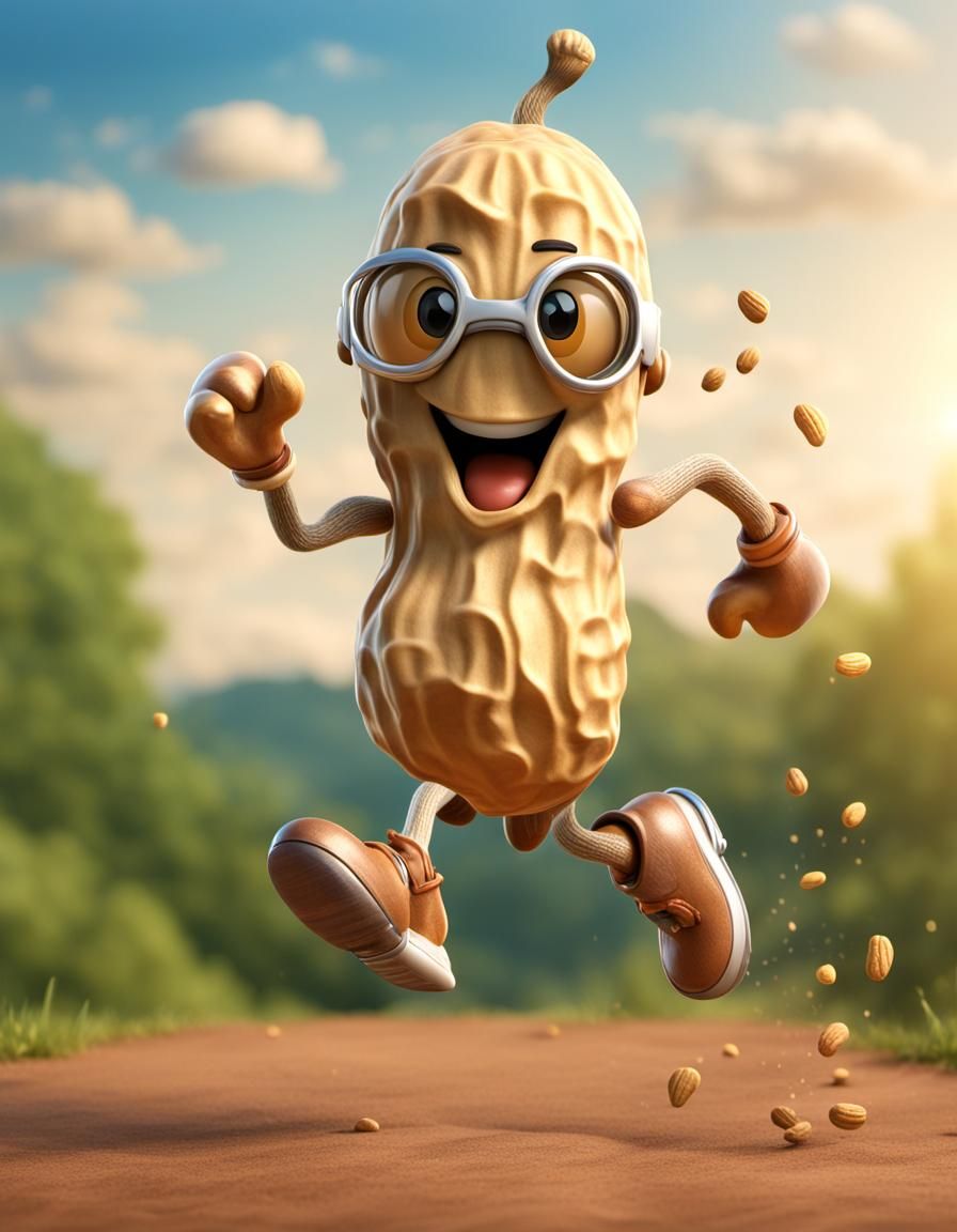 peanut character, photorealistic, highly detailed, running, ...