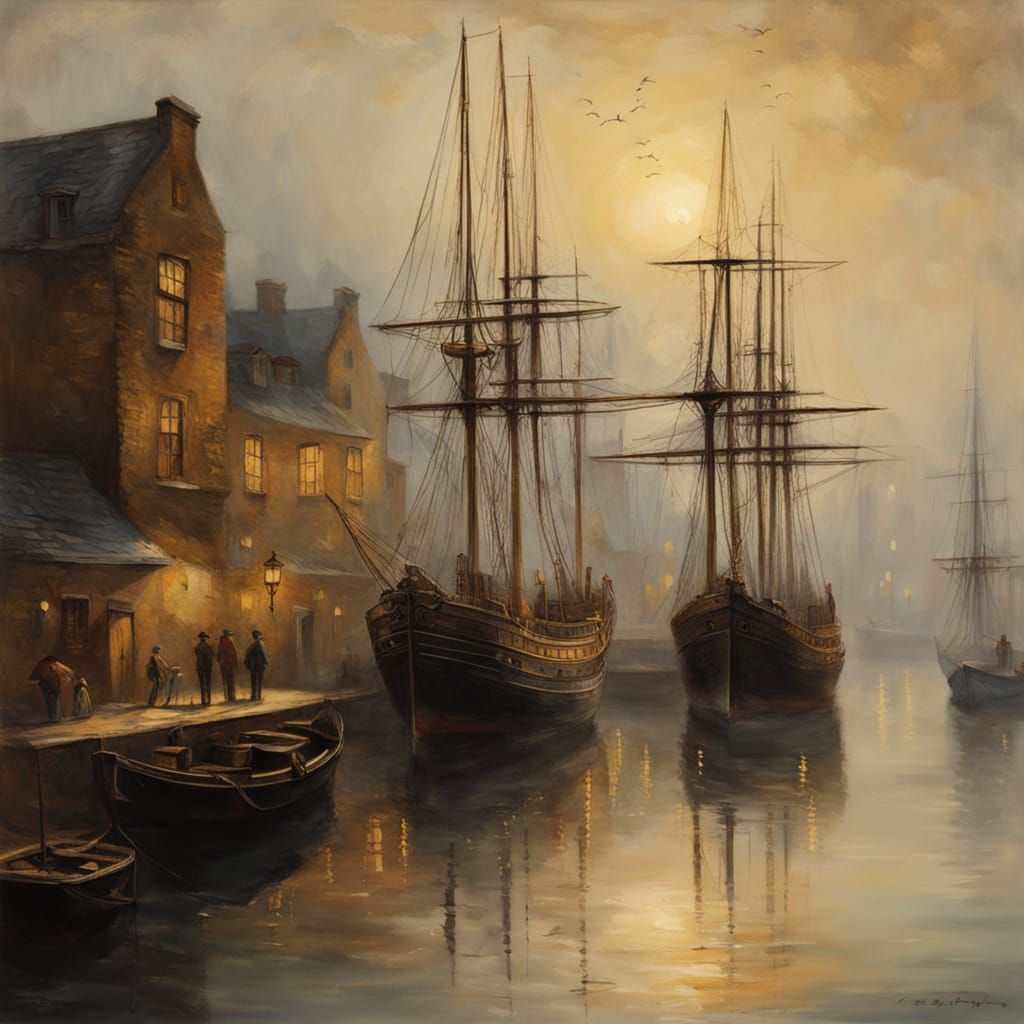 Misty Harbor Sunset: Classical Maritime Painting