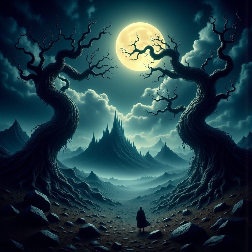 scariest, atmospheric landscape, where nothing evil/monstrous is visible, but you get the impression that something awful will show up any m...