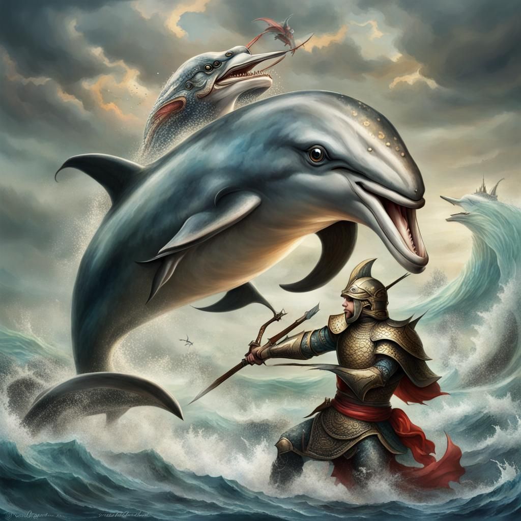 warrior dolphin fight against dragon