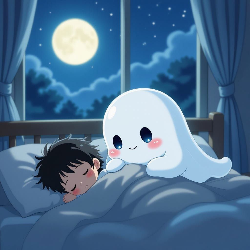 Cute Ghost Sleeps Beside Child in Dreamy Anime Style