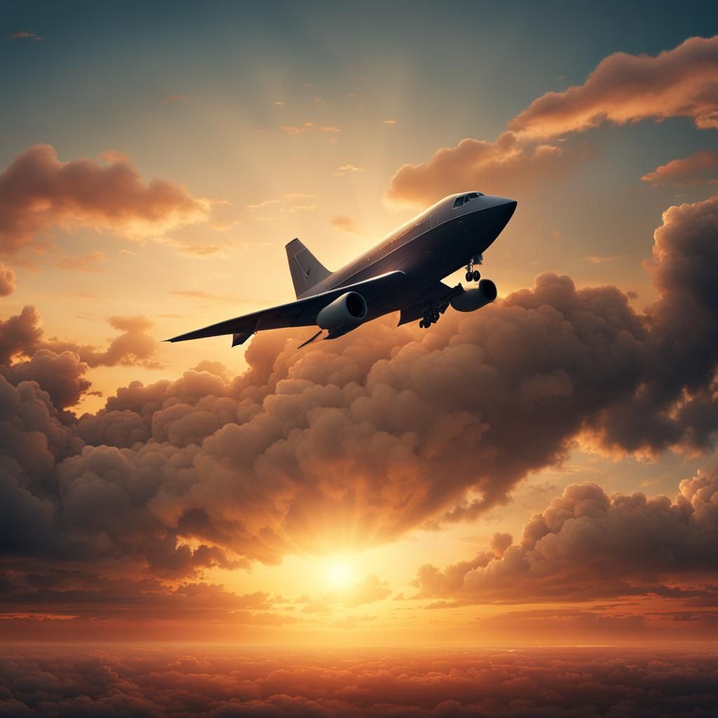 a plane flying 
into the sunset