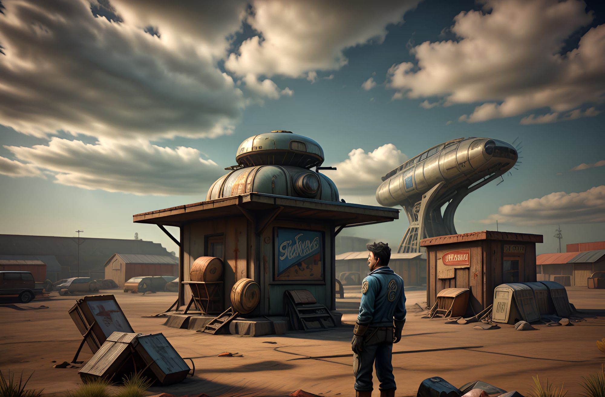 Digital art. Medium shot. A Fallout Vault member with  vault clothes walking in the wasteland, with a backdrop of a sprawling damaged villag...