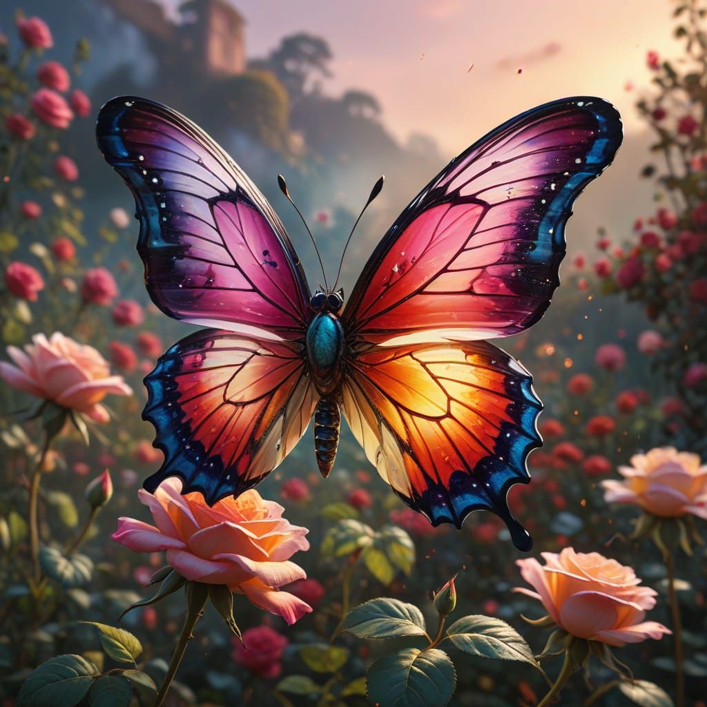 Ethereal Butterfly Unveils Vibrant Roses in a Radiant Landsc...