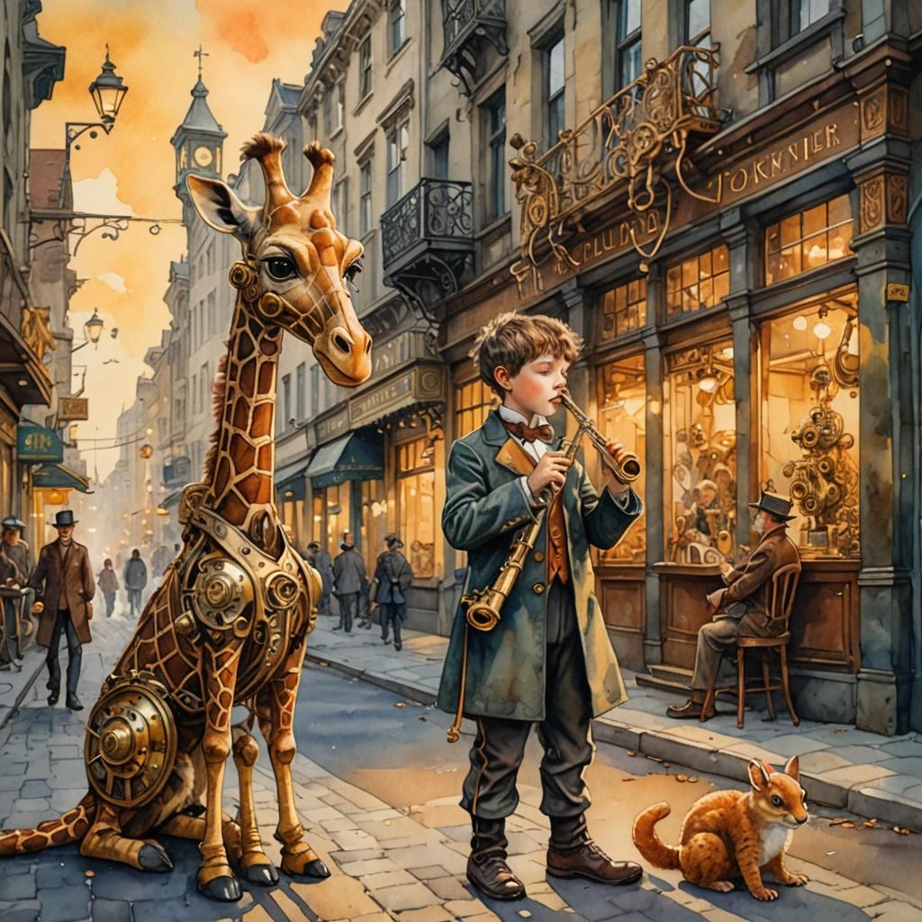 watercolor illustration, little boy plays flute for steampun...