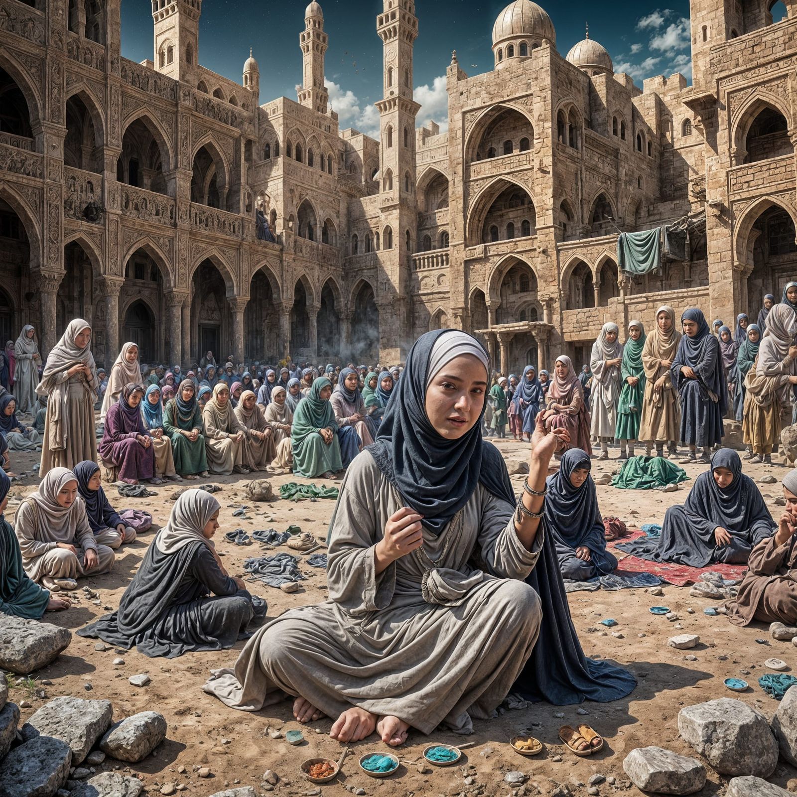 A hijabi girl is sitting, crying, and looking down at the gr...