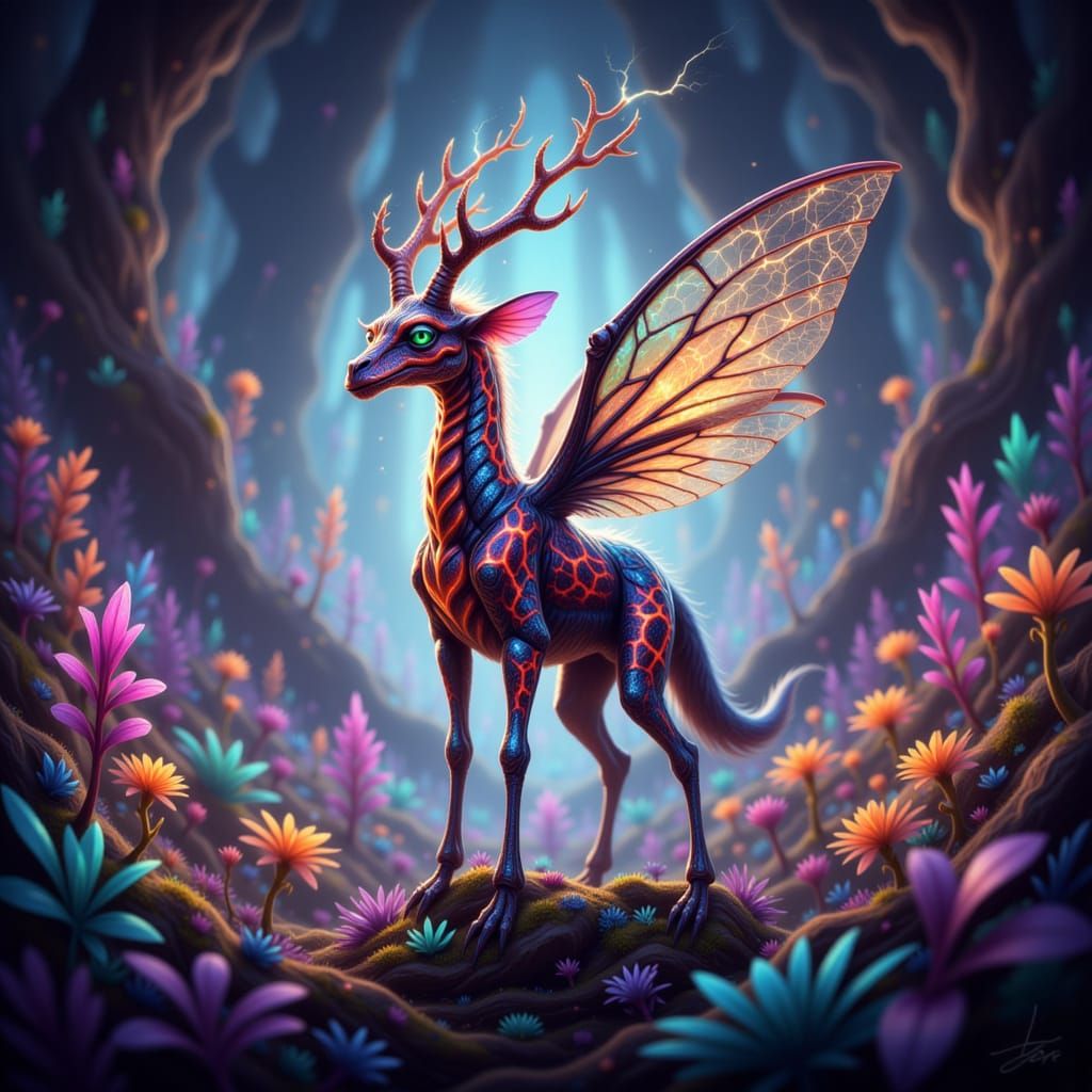 A majestic Gryphon-Giraffe Bug, a fantastical creature combining aspects of a gryphon, giraffe, and insect, generates crackling lightning fr...
