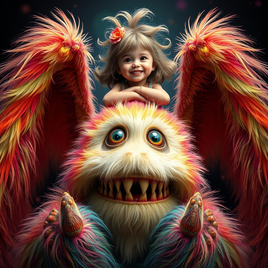 Surreal Girl Sits on Colorful Monster's Head in Hyper-Maxima...