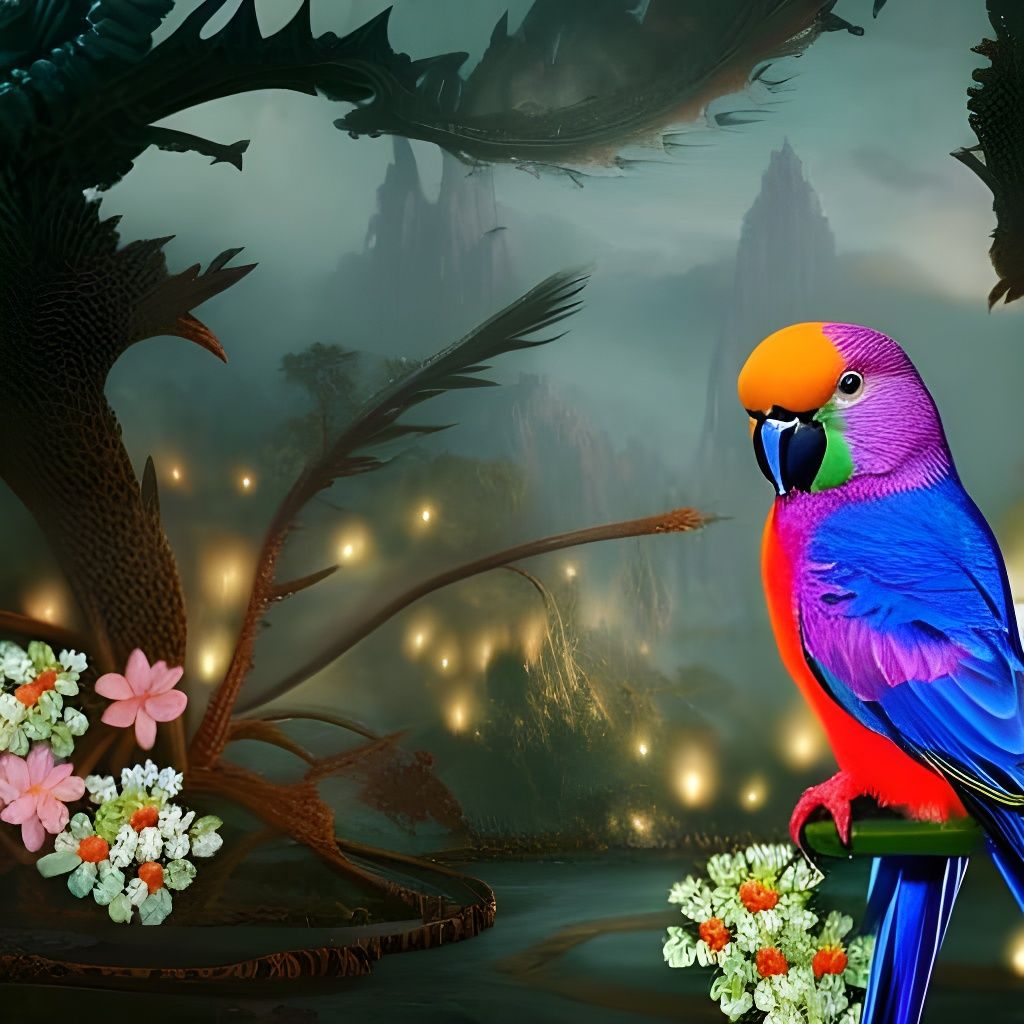 parakeet sitting on a branch with flowers