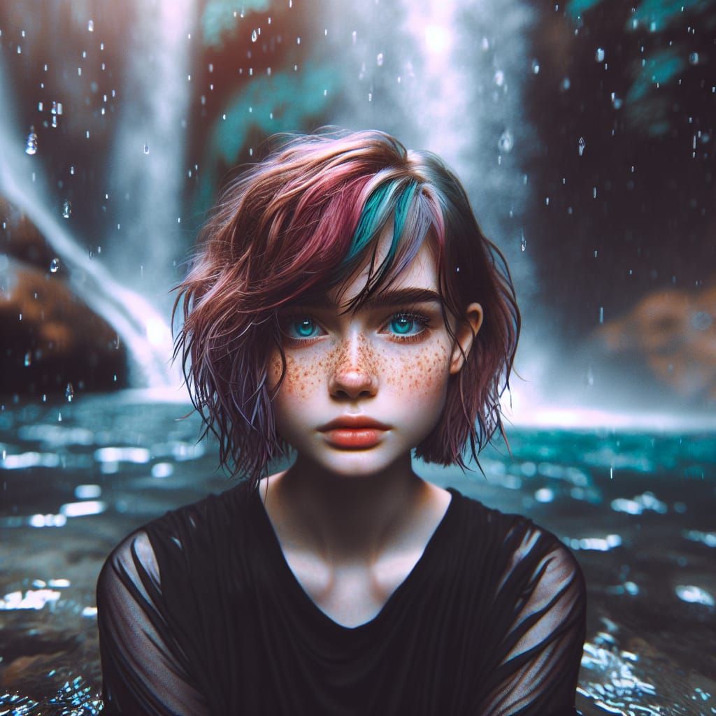 Serene Emo Girl Amidst Cascading Waterfall