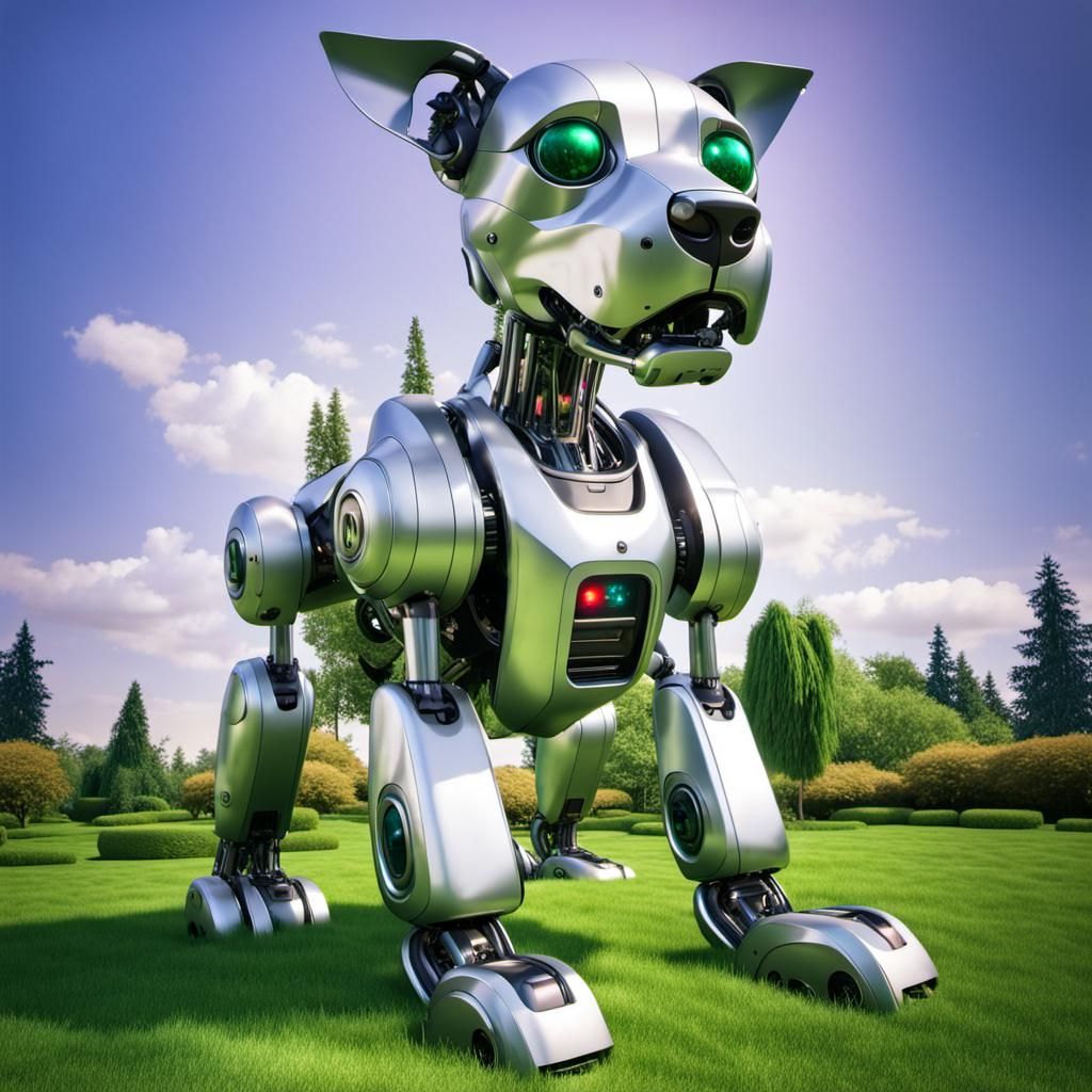 A futuristic electronic metal robot dog in a garden park with tall ...